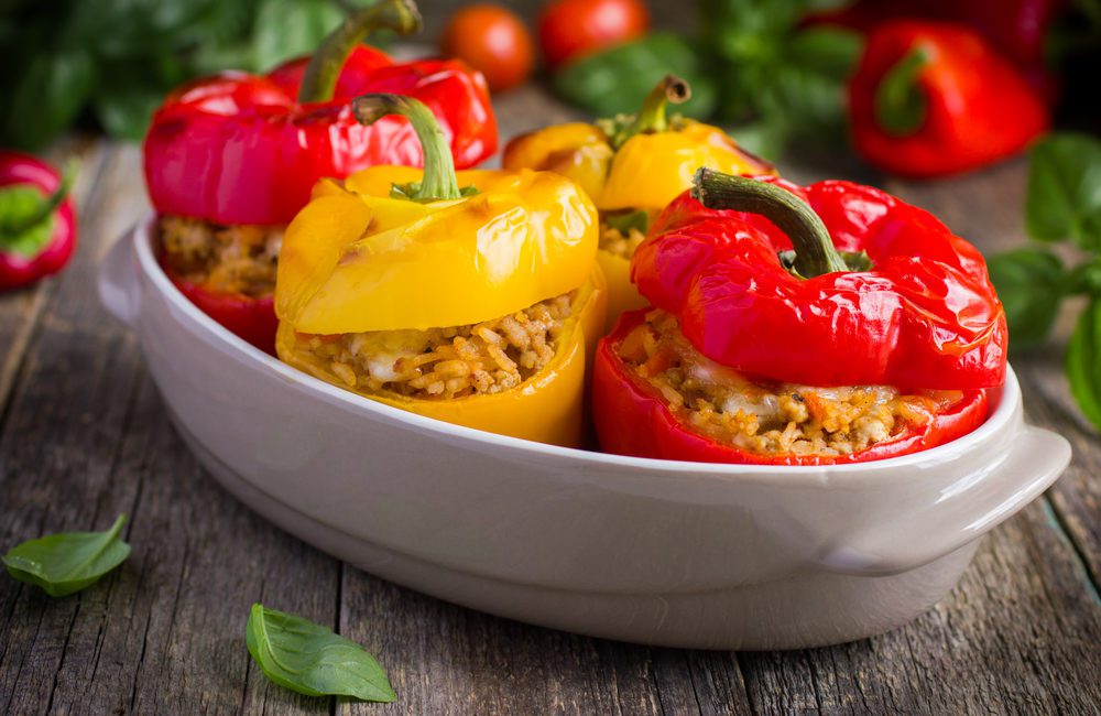 Stuffed Peppers with rice and prawns for a healthy lunch option.