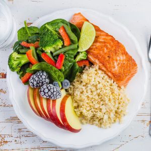 Healthy Dinner recipes - Salmon, vegetables for portion controlling.