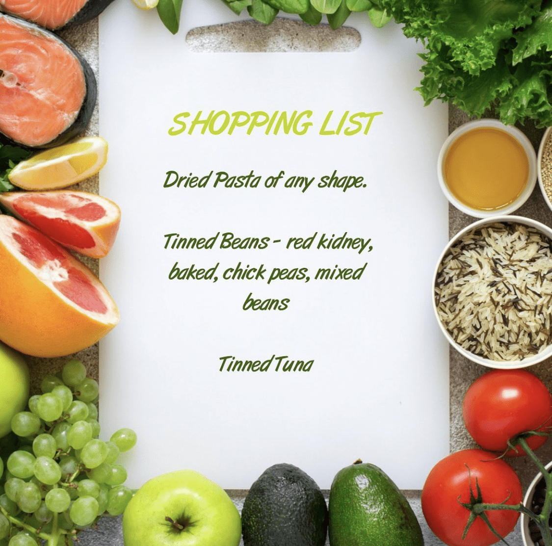 Shopping list for healthy store cupboard ingredients
